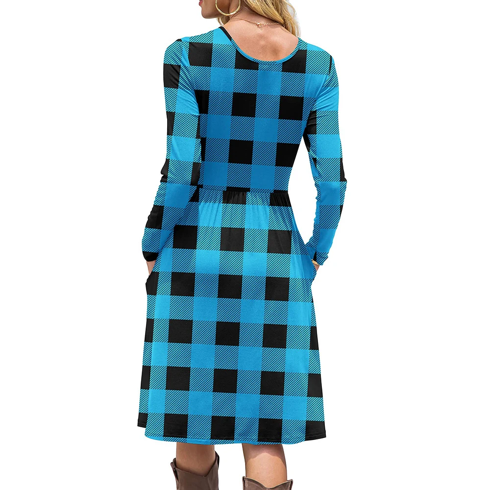Женское Повседневное платье в клетку, с длинным рукавом, карманами и высокой талией