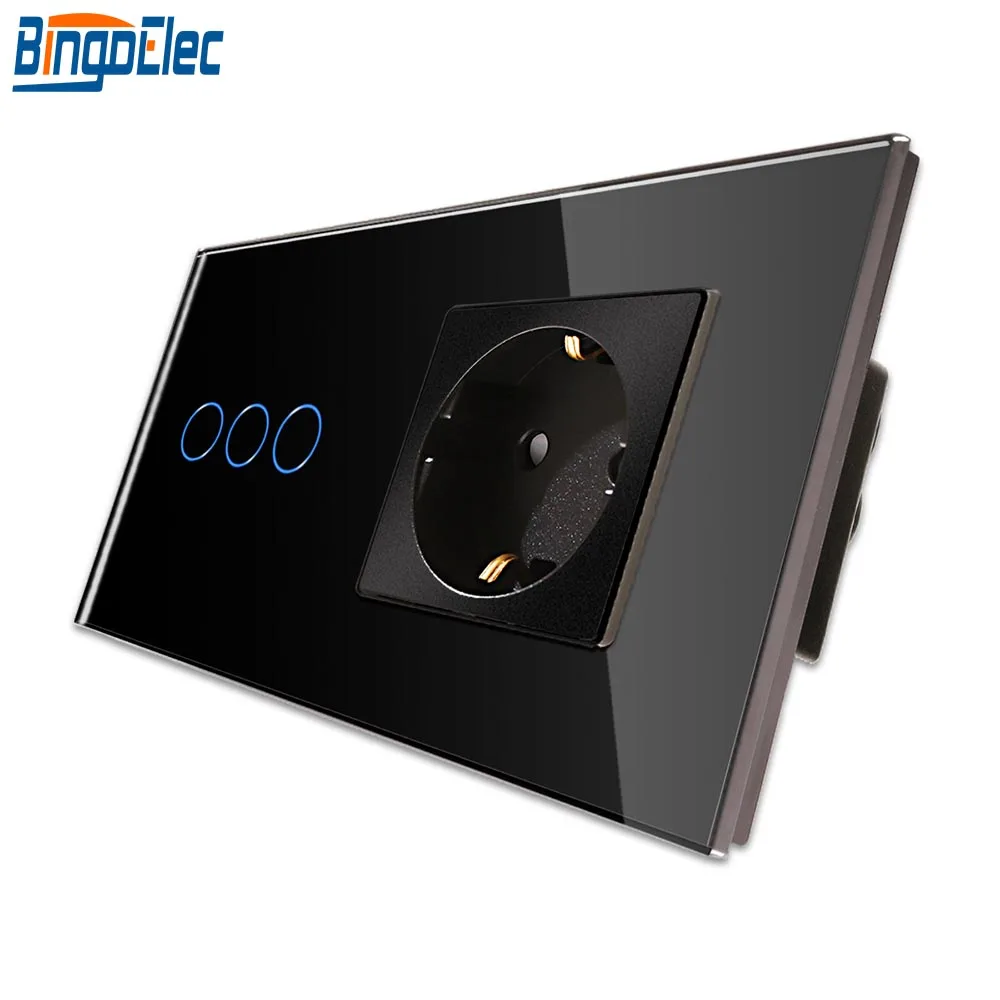 Bingoelec EU Standard 3gang 1way Touch Switch Glass Panel Light Switch Gold Crystal Germany with 16A Wall Socket,white Black