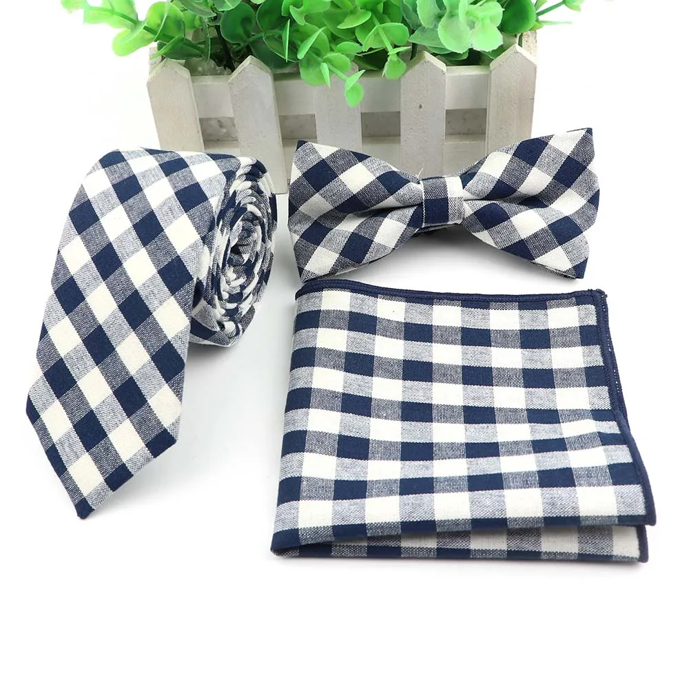 Cotton Neck Tie Set For Men Slim Necktie Strip Tartan Hankerchief Bowtie Set Papillon Wedding Cravat Butterfly Corbatas