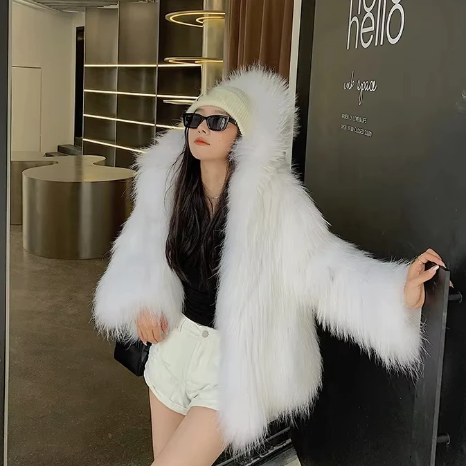 New Fashion Knitted Natural Raccoon Fur Coat Winter Fluffy Fur Jacket For Ladies Luxury Warm Overcoat