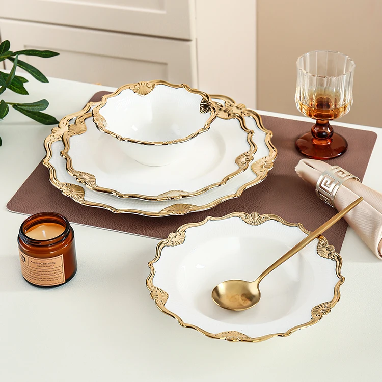 New Design Luxury White Gold Rim Ceramic Dinner Plates For Hotel Restaurant Wedding Party