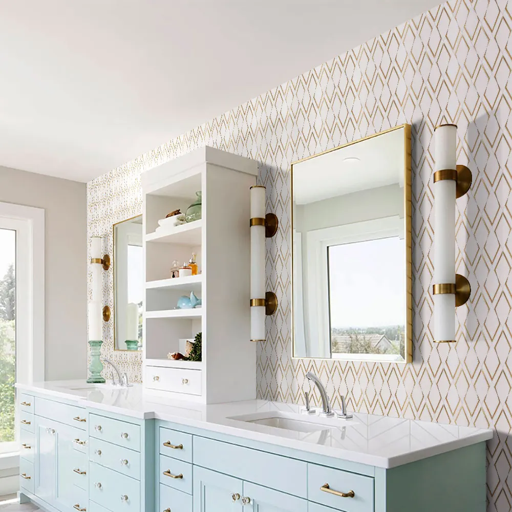 
bathroom kitchen wall floor backsplash gold brass copper white stone marble waterjet mosaic tile 