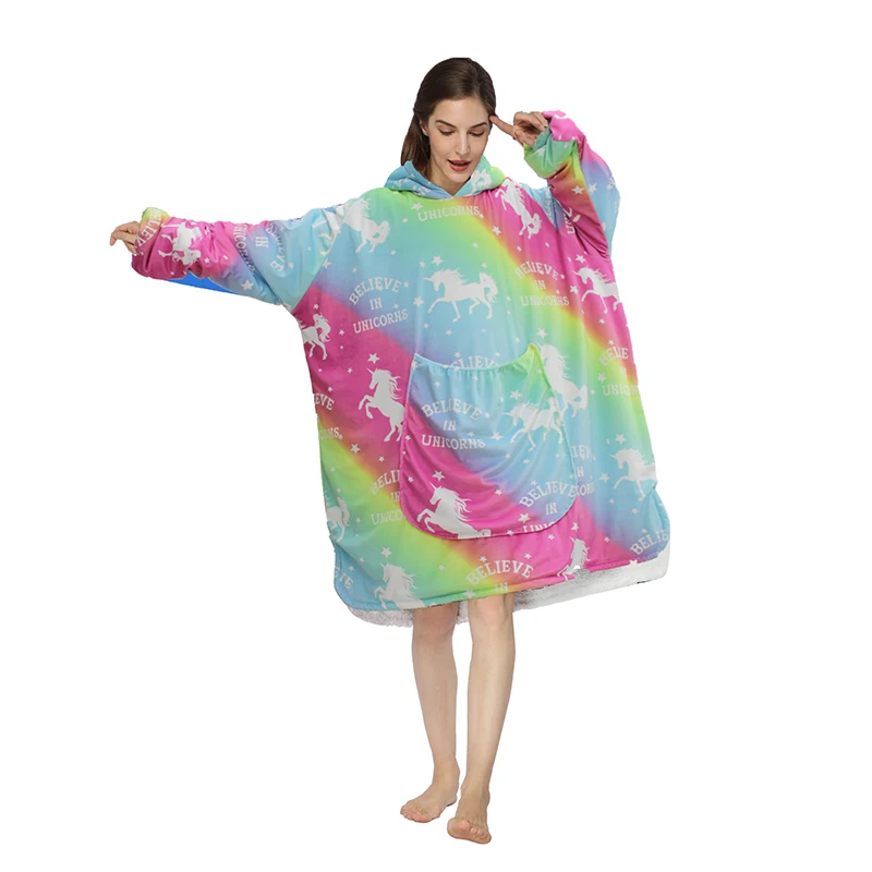Wholesale  customize rainbow Pegasus hooded wearable blanket  flannel sherpa  oversize  sweatshirt hoodie