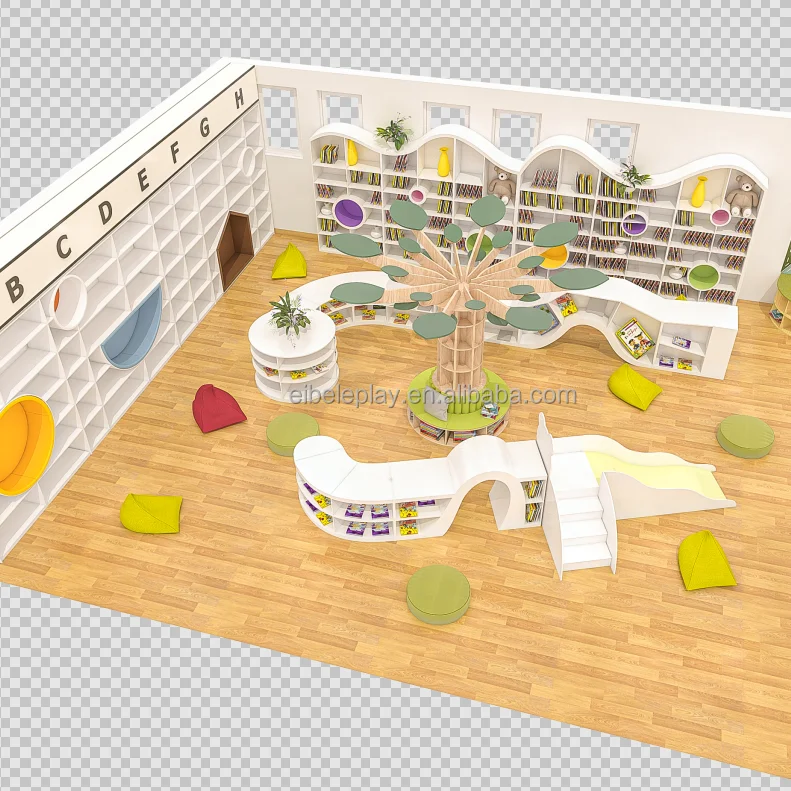Montessori school equipment supplier kids reading room furniture set children tree shaped wooden bookshelf for library design