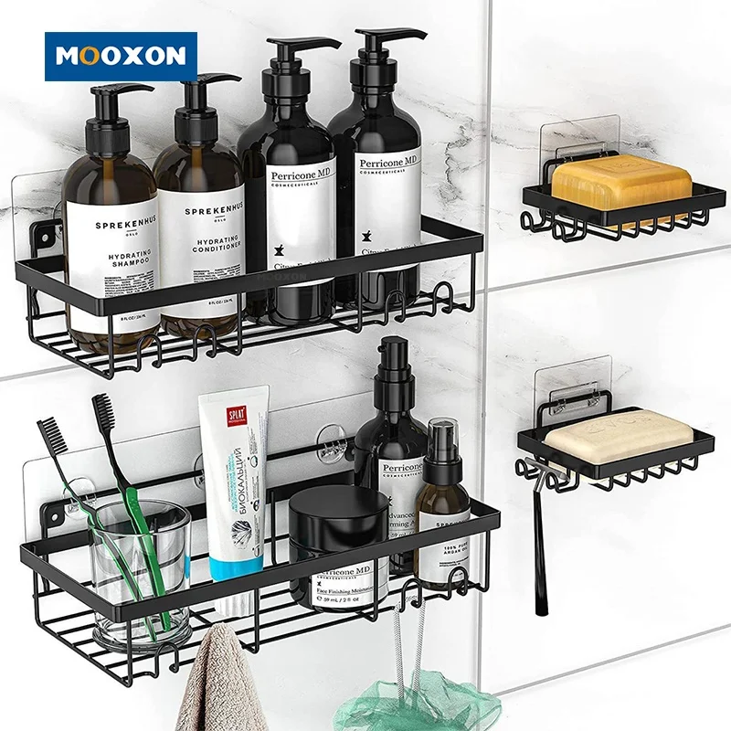 No Drilling Bathroom Organizer Adhesive Shelf Hooks Storage Hanging Razor Sponge Rack Wall Mounted Shower Caddy Basket