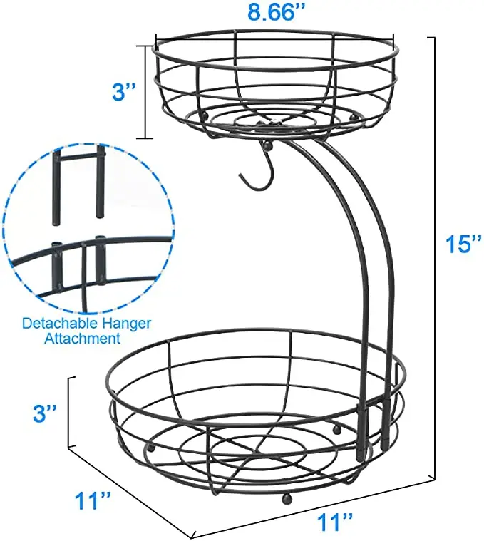 2 Tier Detachable Countertop Fruit Basket Bowl With Banana Hanger For Kitchen Dining Table