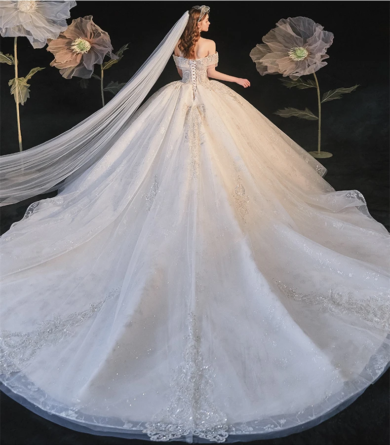 2021 new main wedding dress bride trailing temperament champagne one-shoulder starry princess wedding dress