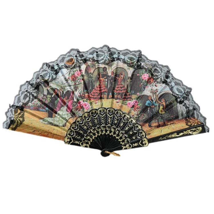 Customized logo personalised black lace folding plastic spanish souvenir hand fans