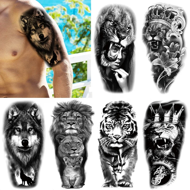 Large Tribal Lion Warrior Tiger Wolf Flower Skull Tattoo Stickers Halloween Black 3D Realistic Tatoo Animals