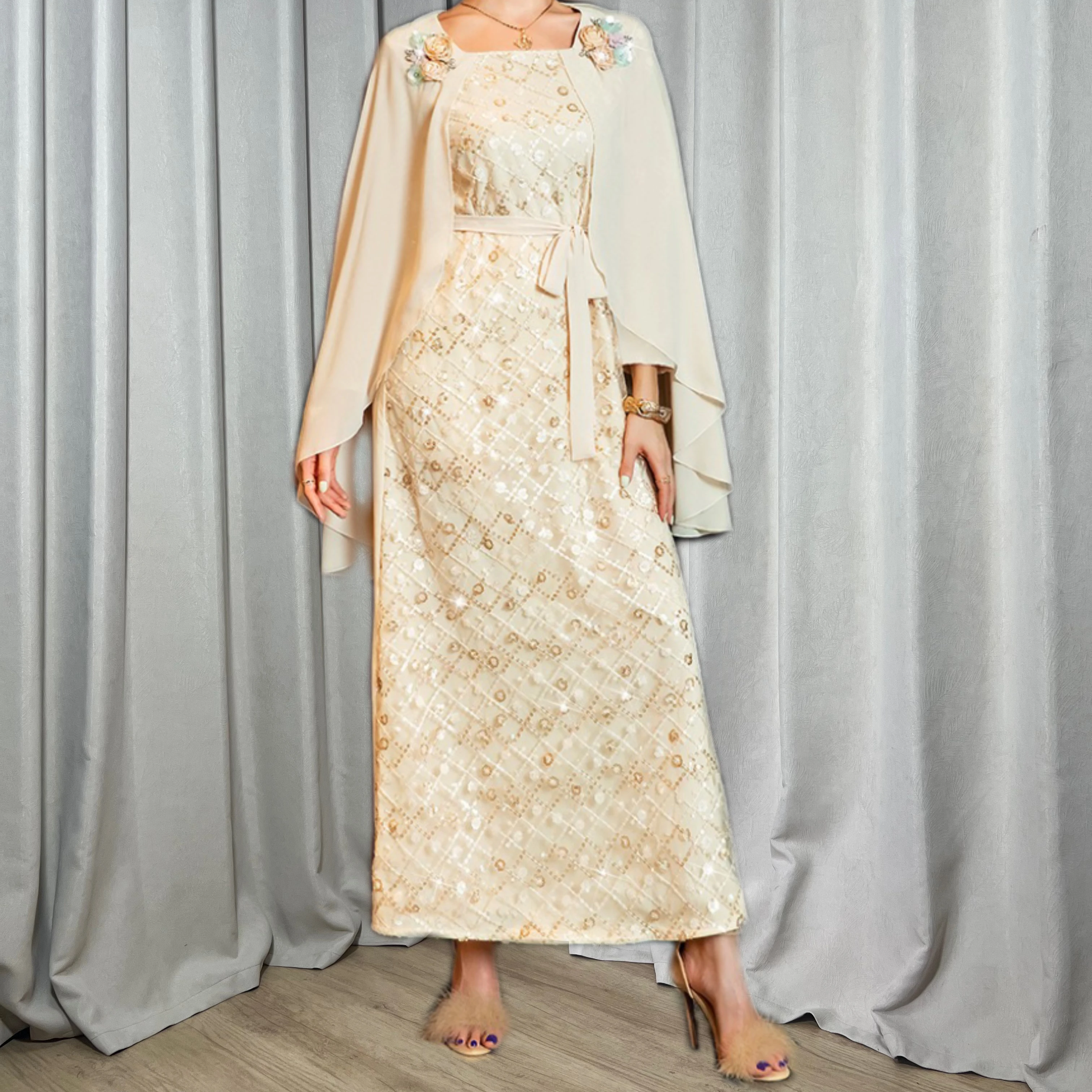 Factory 3D Floral Embroidered Chiffon Shawl Long sleeves Abaya Dubai Turkey Muslim Islamic Evening Dresses Ethnic Clothing