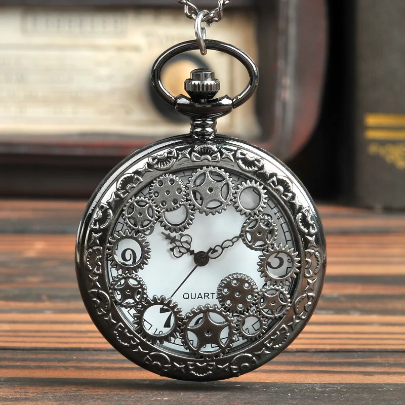 New Unisex Antique Case Vintage Retro Elegant Brass Rib Chain Gear Pattern Quartz Pocket Watch for Daily Party