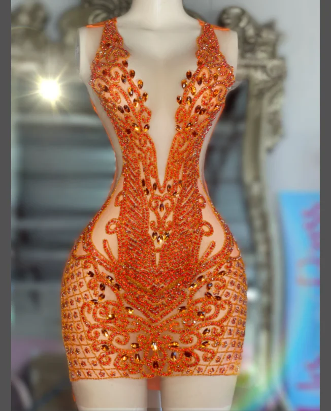 Orange Halter Backless Mini Short Dress Hot Sexy Luxury Party Dresses Night Club Crystal V Neck Birthday Dress