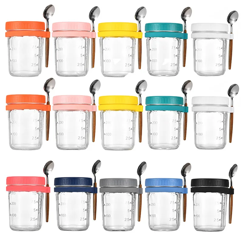 2023 New Overnight Glass Oatmeal Cup Breakfast Cup with Spoon 400ml Airtight Portable Glass Salad Jar Yogurt Cup