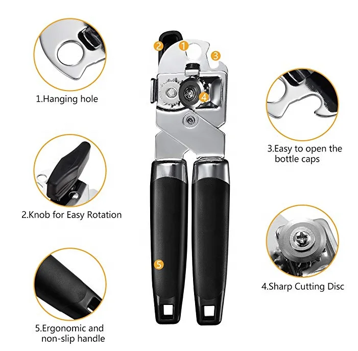 USA/UK Top Seller 4 in 1 Soft-Handled Tin Beer Bottle Opener Stainless Steel Hand Can with Smooth Edge