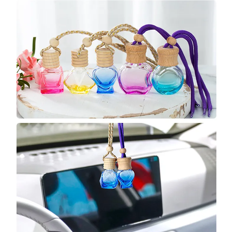 Hot selling colour 10ml car use perfume bottle mini pendant glass bottle aromatherapy bottles with wooden cover