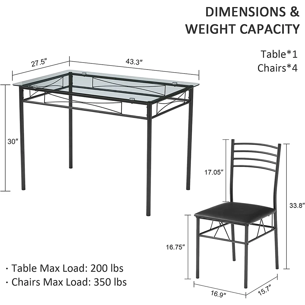 Modern Black Glass Top Dining Table Set with 4 Chairs