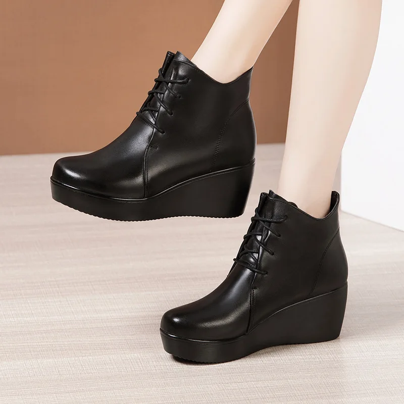 Wedge mid-heel ankle boots for women 2020 autumn/winter new muffin bottom thick waterproof platform round head large size all-ma