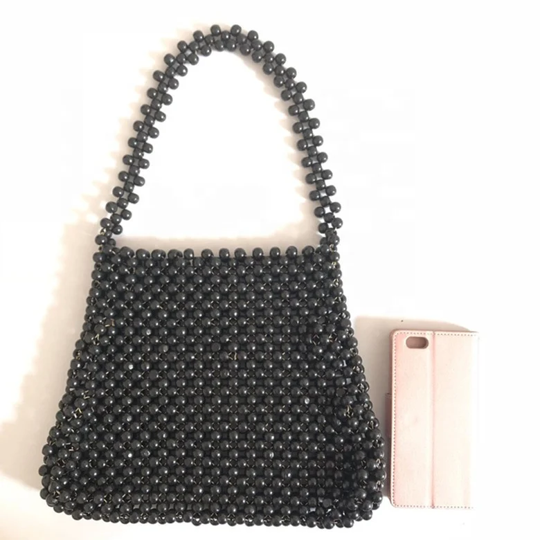 Black Color wood bead shoulder bag handbag new designer street wear collection style