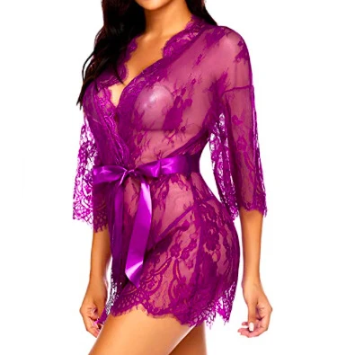 Wholesale Women Sexy Lace Kimono Robe Sheer Mesh Chemise Nightgown Embroidery Transparent Nightwear V Neck Shorts Lingerie