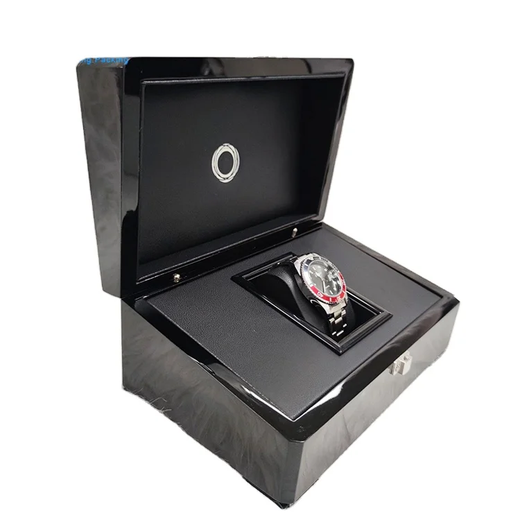 High Glossy Luxury Watch Display Box PU Leather Square Rectangle Single Wooden Watch Gift Box