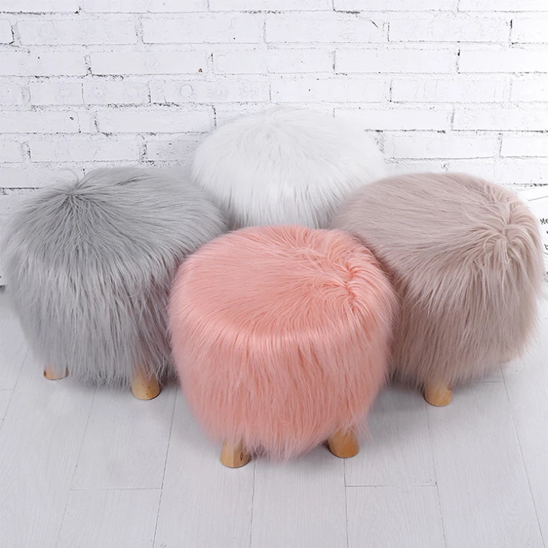 Wholesale modern faux fur round ottoman footstool living room solid wood stool custom
