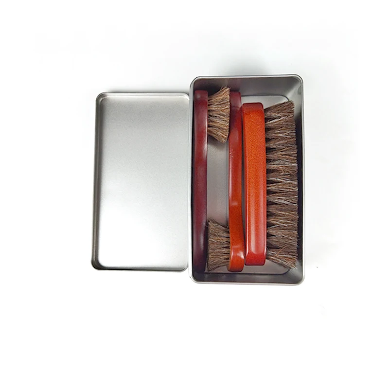 Wooden shoe brush, Leather shoes polishing brush with Iron box, wooden horsehair shoe brush set
