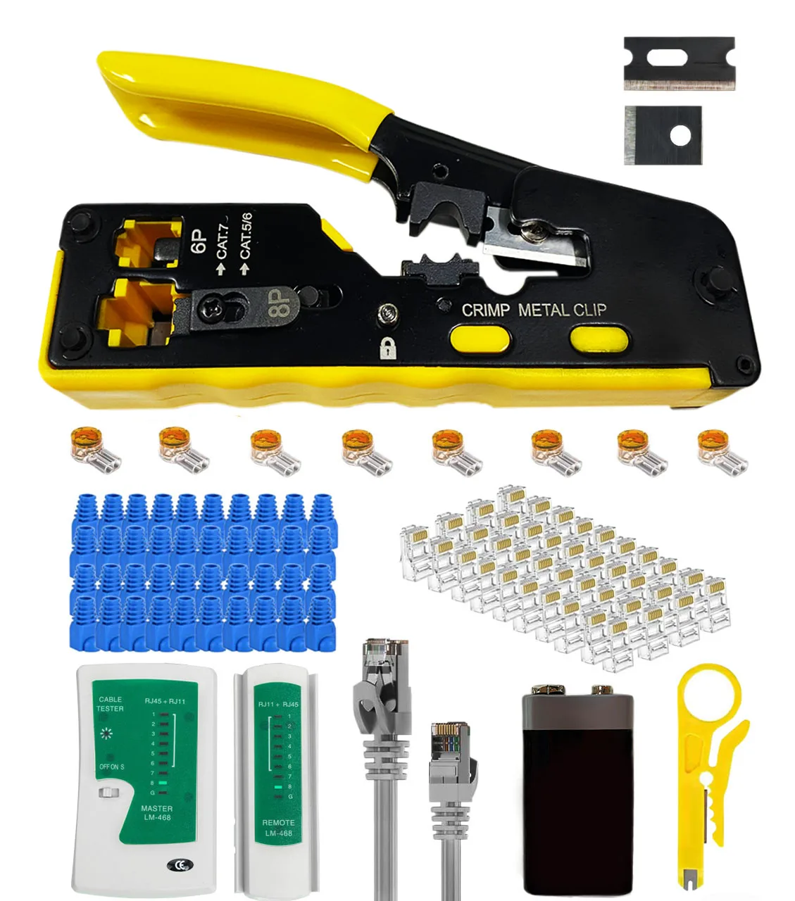 Pass Through Crimper RJ45 Crimp Tool Kit Ethernet Network RJ45 Crimping Stripper Cutter tool  Yellow Stripper + Blades