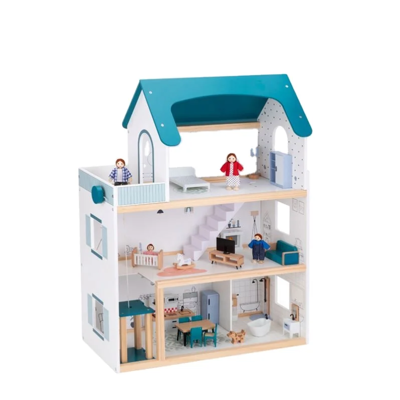 Wooden Doll House with Accessories DIY Large 3-Tier Pretend Play Toys with Elevators Toy for Kids