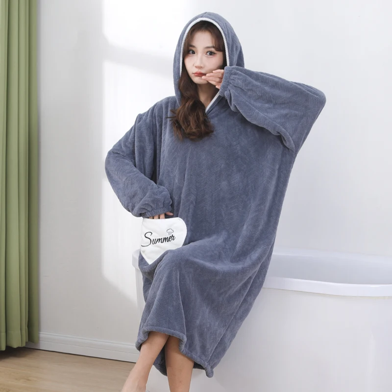 womens hooded fleece robe, soft plush bathrobes for women, fluffy cute long house coat night wear robes for gift use