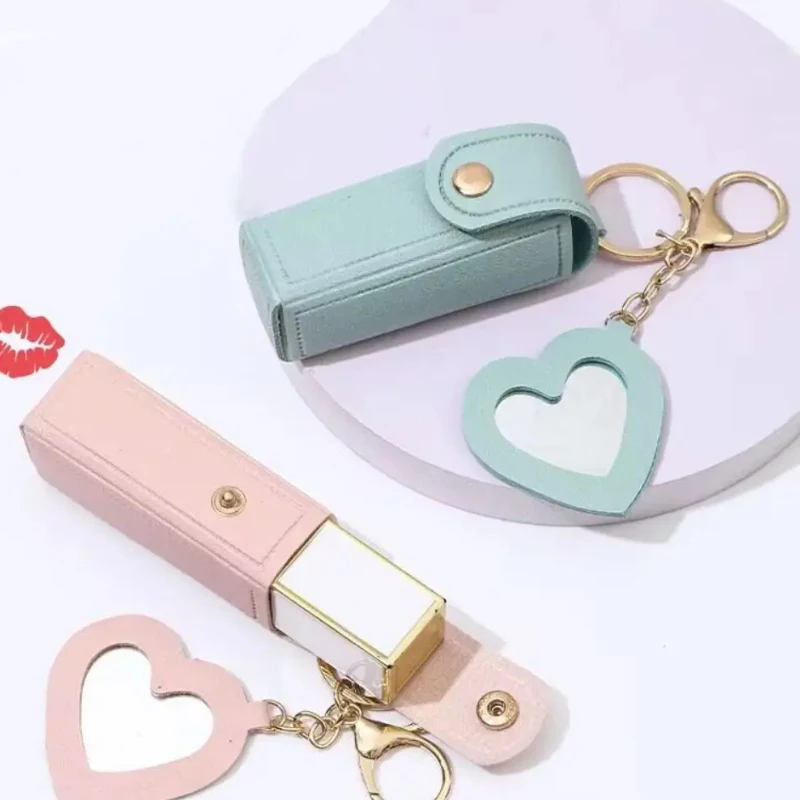 PU Leather Lipstick Bag Keychain Heart-shaped Lipstick Holder Portable Mini Clip-on Sleeve Lipstick Pouch For Women