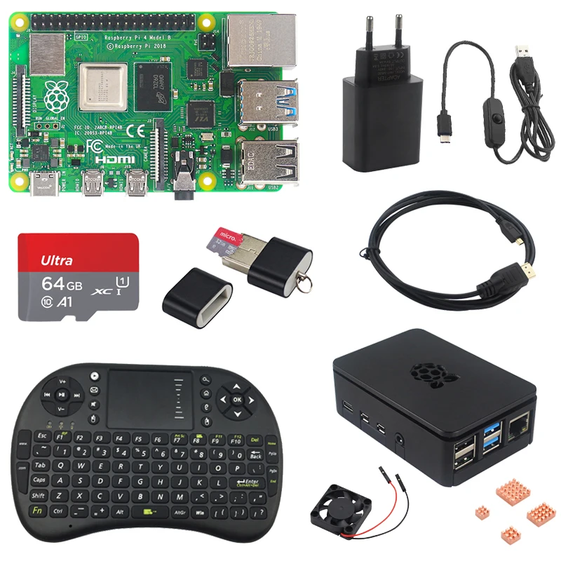 Raspberry Pi 4 Model B Kit 2 4 8 GB RAM + Case + Fan + Heatsinks + Wireless Keyboard + 32 64GB TF Card+Power Supply+ USBC Cable