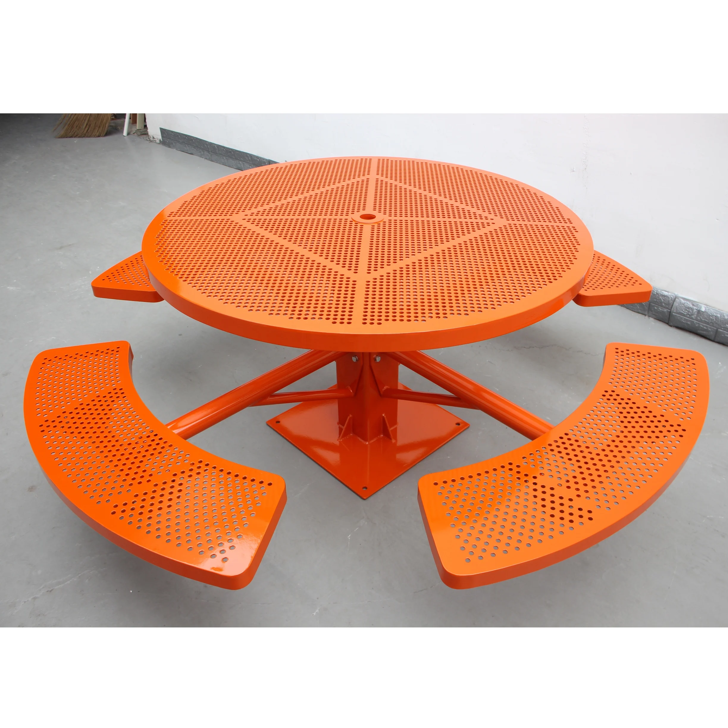 Customized high quality patio metal picnic table and bench outdoor street furniture round table and 4 benches