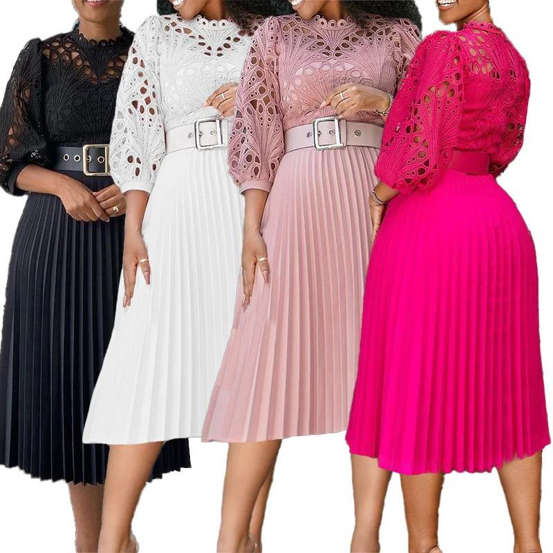 Woman Crochet Lace Party Pleated Fashion Women maxi casual Dress Plus Size Long Sleeve Church Ladies Lady Elegant Dresses