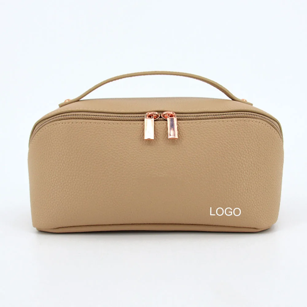 Logo Open Flat Travel Waterproof Portable Large Capacity Toiletry Cosmetic Bags PU Makeup Pouch Faux Leather Cosmetic Bag