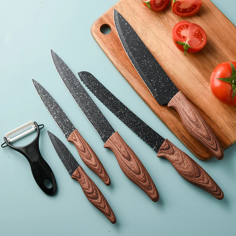 Exclusive In Stock 6 Pieces Wood Grain Handle Kitchen Knife Set Non-stick Coating Knife Set Wooden Handle Knives With Gift Box