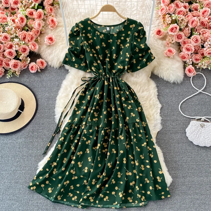 Hot-selling Summer Dress Retro Girls Bubble Sleeve Empire Waist Medium Style Round Collar Floral Dress