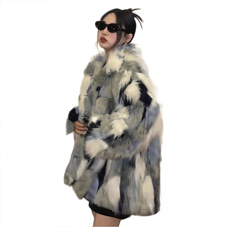Warm Colorful Hot Sexy Stylish Faux Fox Fur Coat Fall Winter Long-Sleeved Plush Jacket Mixed Color Faux Fur Coat For Women