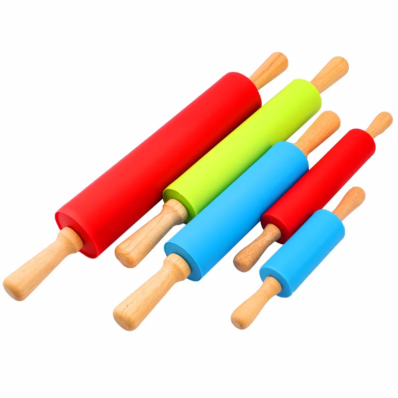 Оптовая продажа, антипригарные силиконовые Деревянные Скалки для выпечки с деревянной ручкой