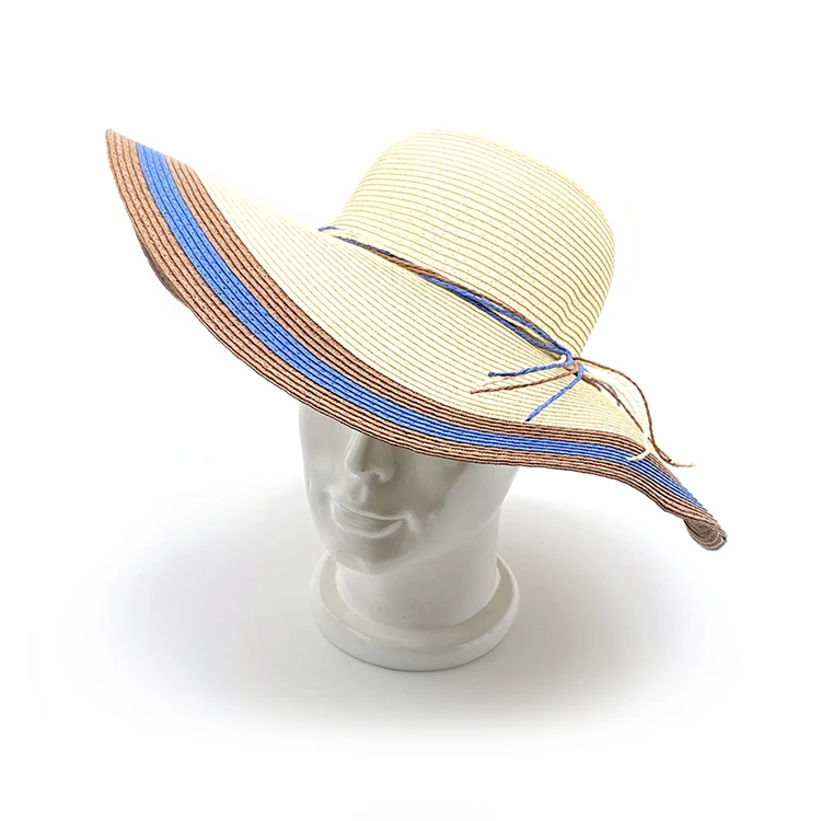 OEM ODM Unisex Breathable 3 Color Stripe-Bands Wide Brim Beige Beach Sun Paper Straw Hat