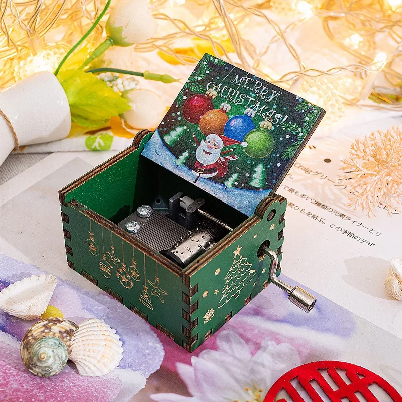 Wholesale Good Price Merry Christmas Theme Music Box Wooden Hand Cranked Mini Size Wood