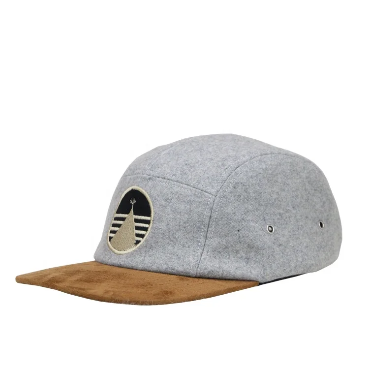 Custom plain melton wool leather strap 5 panel hat cap with logo embroidery