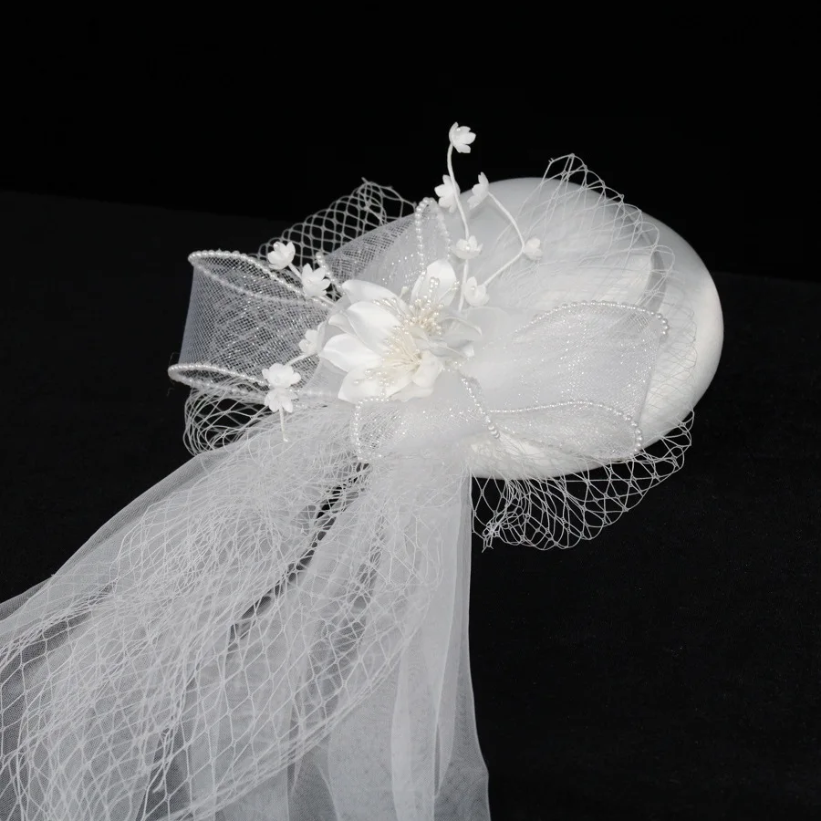 wholesale fashion Women white satin flowers beret mesh veil pillbox hat Kentucky Derby bride hats church wedding new arrival