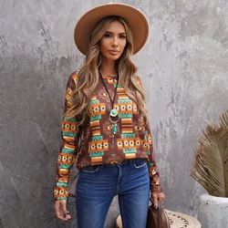 2021 Trendy Tribal Leopard Patchwork Side Split Women Tops Crew Neck Aztec Pullover