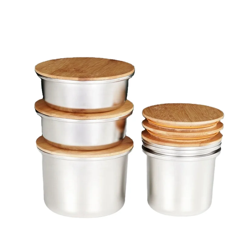 HUFA Japanese Style 3-Pack round Stainless Steel Lunch Box Food Storage Containers Single Compartment Bamboo Lids Kitchen Use