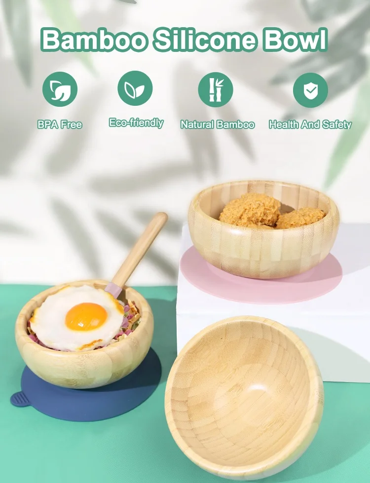 Wholesale Oem Odm Nature Eco Friendly Silicone Small Wood Bamboo Bowl Baby Bamboo Bowl Suction Bamboo Bowl Fork And Spoon Set