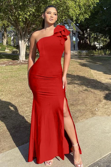 Latest design slit elegant dress one shoulder bodycon ruffles gowns chic evening dress