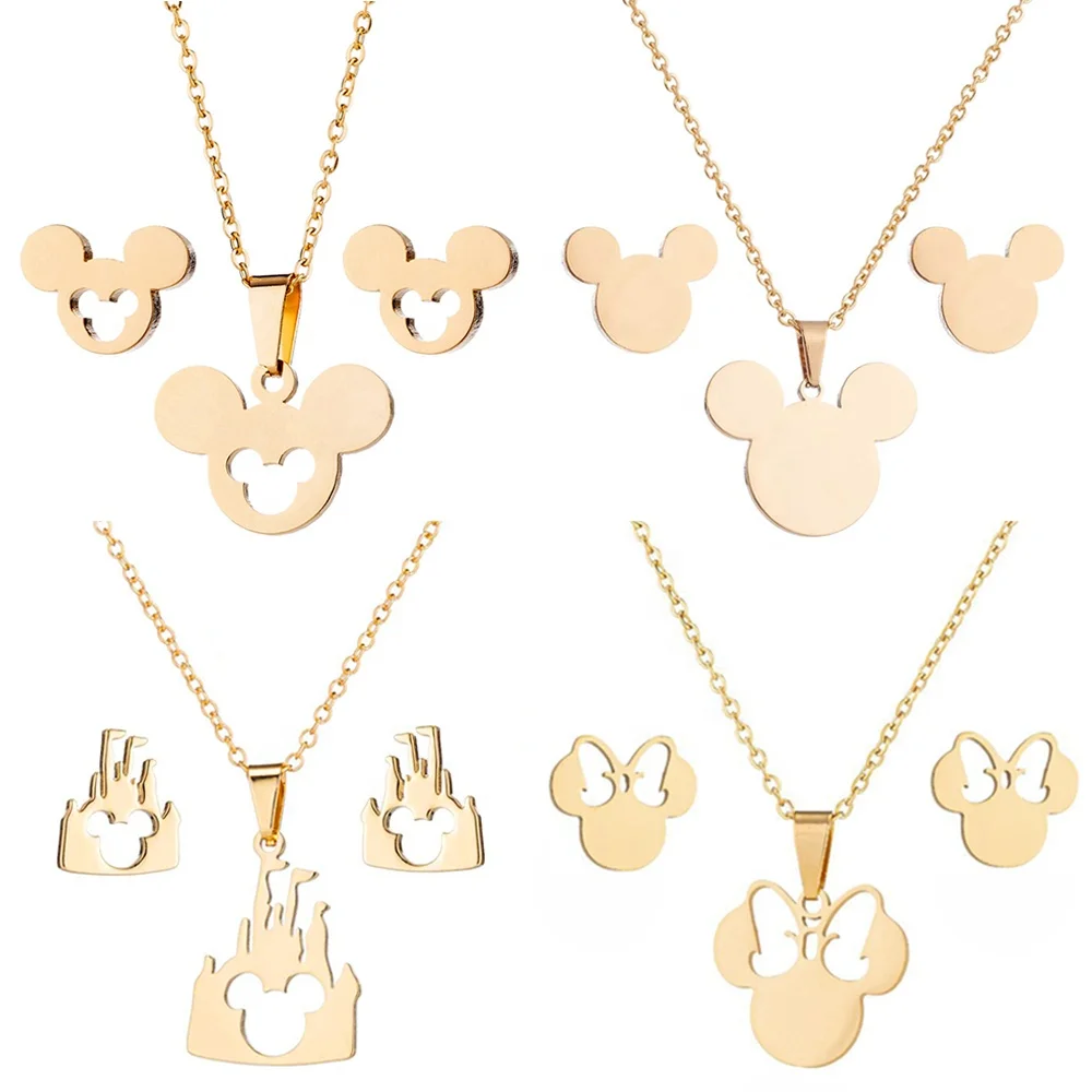 Wholesale Tarnish Free 18K Gold PVD Plated Stainless Steel Minnie Mickey Head Mouse Stud Earring Necklace Jewelry Sets For Women