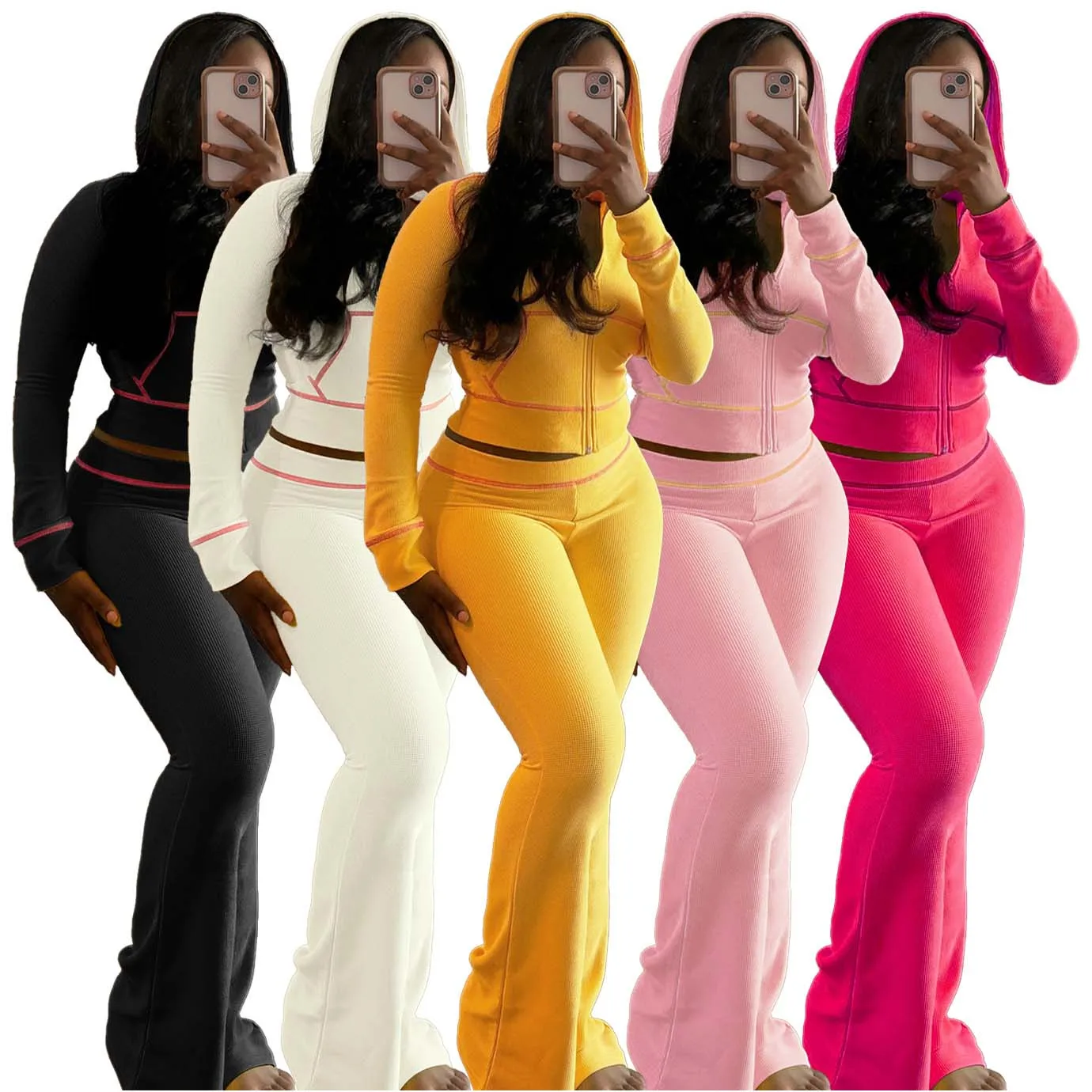 FS14967D 2024 autumn outfits long sleeve hooded sweatshirt women flared pants suits