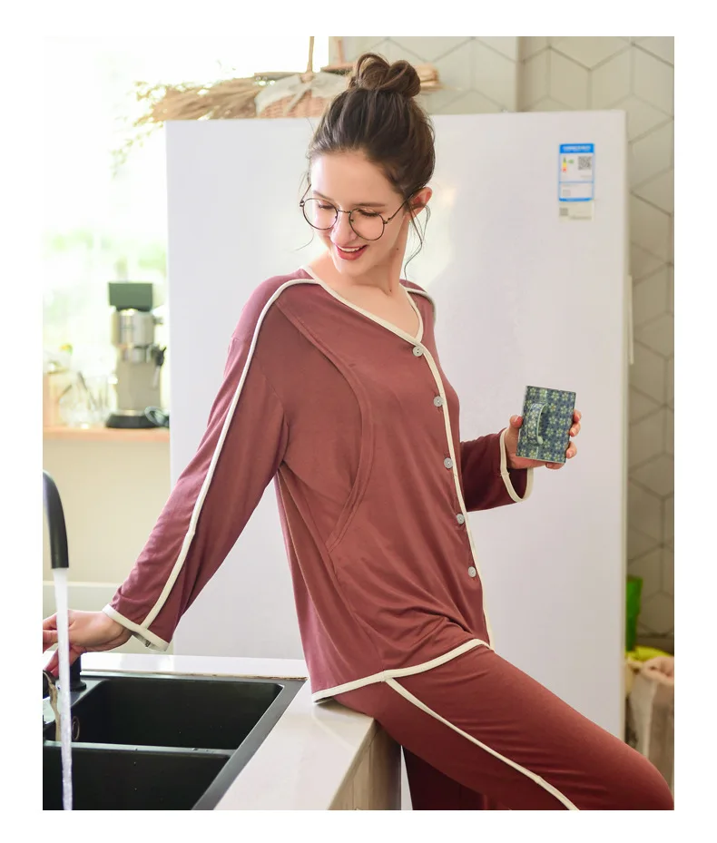 
New Arrivals Solid Color Pregnant Women V Neck Long Sleeve Open Pants Home Two Pieces Sets Maternity Jumpsuits With Button 