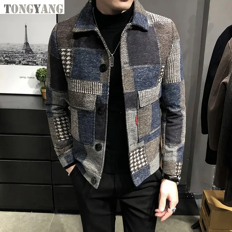 TONGYANG Autumn and Winter New Plaid Woolen Jacket Korean Style Fashion Slim Fit Casual Jacket For Men Lapel Jacket Woolen Coat
